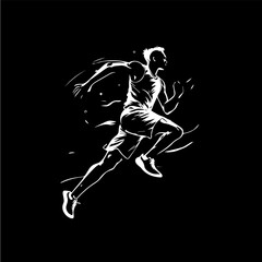 Fototapeta na wymiar White icon of runner silhouette on black background, sport logo template, jogging or jumping modern logotype concept, t-shirts print, tattoo, infographic. Vector illustration