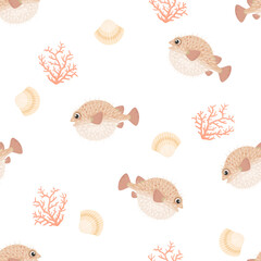 Sea background. Hedgehog fish, corals and seashells seamless pattern. Vector cartoon flat illustration of underwater life.