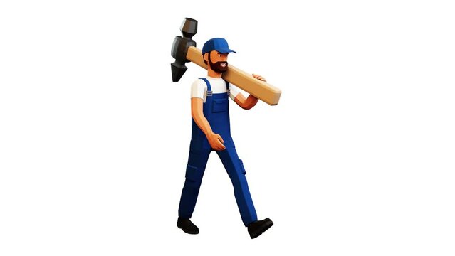 3d workman walking with large hammer. Low-poly Cartoon handyman with hammer. 3d looped animation with alpha channel