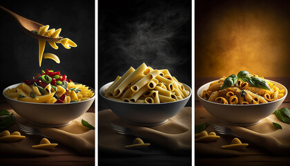 wall art triptych poster with italian pasta, food, close up,  Created using generative AI tools.