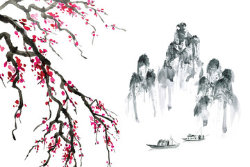 chinese style cherry blossom branch watercolor painting mountain riverside atmosphere