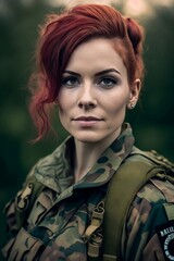 Woman Soldier Portrait. RedHead. Generative AI