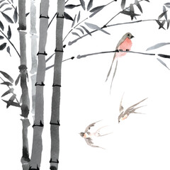 watercolor painting of chinese style bamboo and swallow