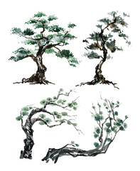 watercolor painting trees chinese brush style