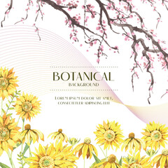 Botanical background of Water color sunflower botanical bouquet with cherry blossom branches