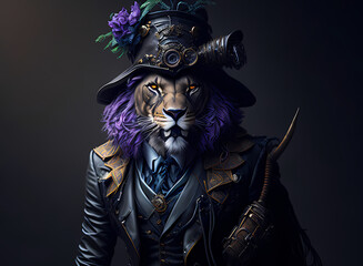 A colorful portrait of a steampunk lion on black background. Generative AI.
