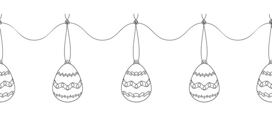 Easter egg garland. Sketch. Seamless horizontal border. Repeating vector pattern. Hanging decoration with various patterns. Souvenirs hang on a thread with a knot. Endless isolated background. 