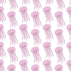 Pink medusa. Eared Aurelia. Seamless vector pattern. Endless ornament of marine invertebrates with tentacles. Flat style. Isolated background. Ocean dweller. Idea for web design.