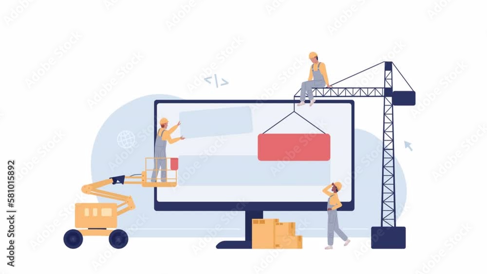 Aufkleber animated building with machines. website construction. heavy machinery. 2d cartoon flat characters 4
