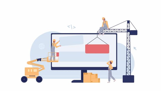 Animated building with machines. Website construction. Heavy machinery. 2D cartoon flat characters 4K video footage on white with alpha channel transparency. Concept animation for web design