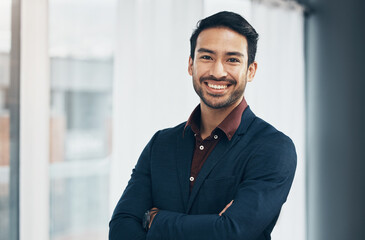 Office portrait, manager and business man happy for startup law firm, corporate development or...