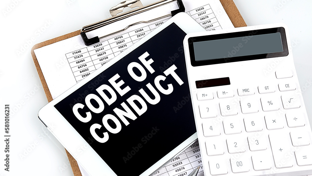 Poster code of conduct text on a tablet with chart, calculator and pen