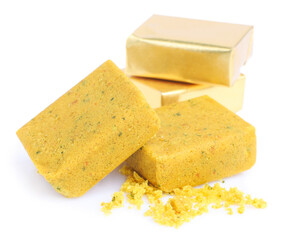Bouillon cubes on white background, close up