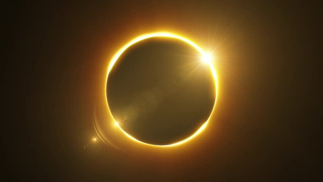 Total Solar Eclipse Looped 3d Animation. Glowing Bright Eclipse with Gold Light Rays Seamless. Moon Covers the Sun. Science Concept 4k Ultra HD 3840x2160