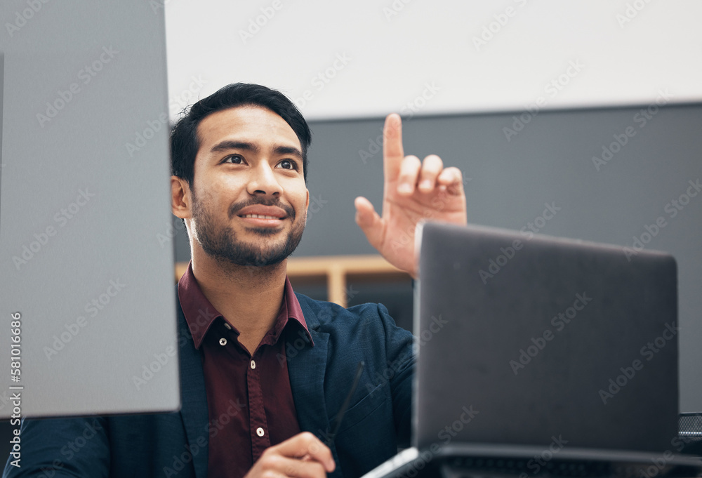 Poster Virtual screen, laptop and man pointing at UX web design, app wireframe or website digital transformation. Information technology dashboard, AI hud and graphic designer rendering multimedia software