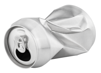 Crumpled empty blank soda or beer 330 ml can garbage isolated on transparent background