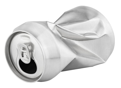 Crumpled empty blank soda or beer 330 ml can garbage isolated on transparent background
