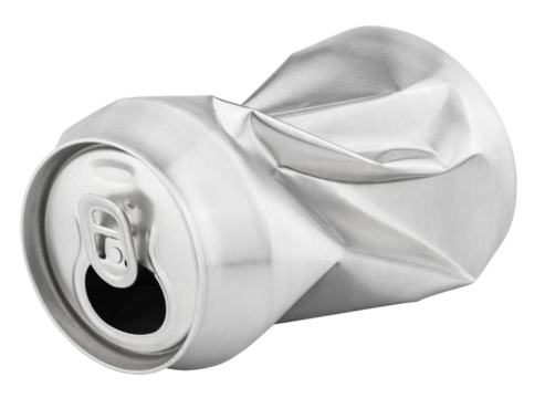Crumpled empty blank soda or beer 330 ml can garbage isolated on transparent background