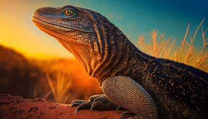 closeup lizard side view, golden hour wildlife