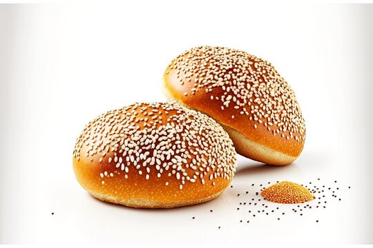 buns with sesame poy seeds and sugar baked bread on white background, created with generative ai