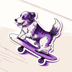 dog on a skateboard, skating dog illustration sticker doodle white background, animal, mascot, cartoon illustration