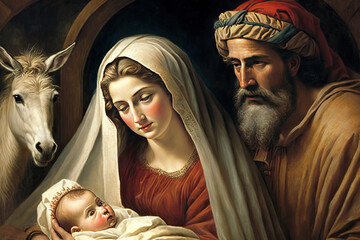 Christmas banner or poster featuring Mary and Joseph and the infant Jesus in the manger, generative AI