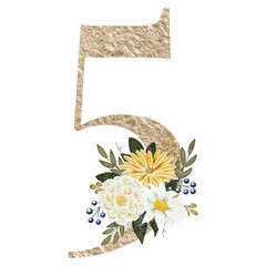 Gold number 5 with watercolor flowers and leaf