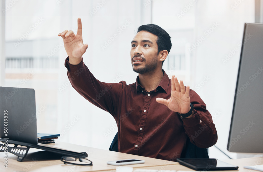 Aufkleber Virtual screen, office gesture and man work at ux web design, app wireframe or website digital transformation. Information technology, dashboard hud and male graphic designer render multimedia system
