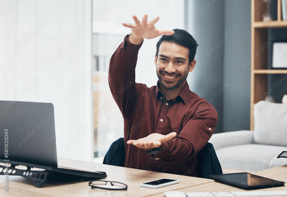Poster Virtual design, office or business man gesture, vision and happy planning project development. Wireframe webdesign, interactive UI system or graphic design person rendering product with CAD software