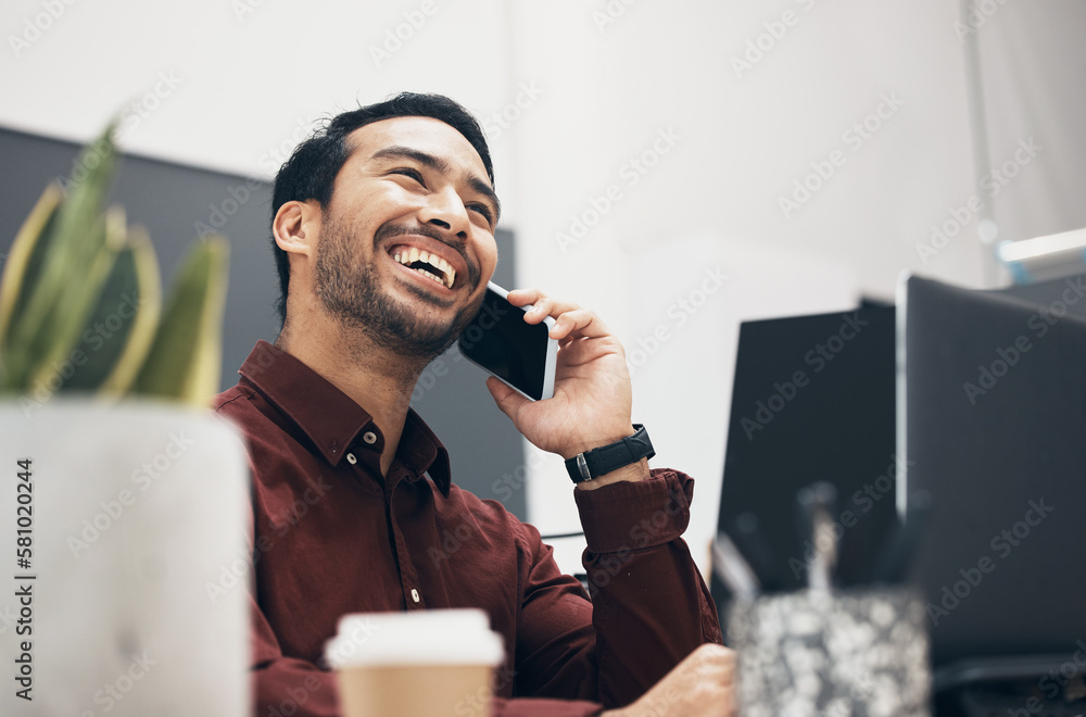 Poster phone call communication, office and laughing man listening to funny joke from digital contact. come