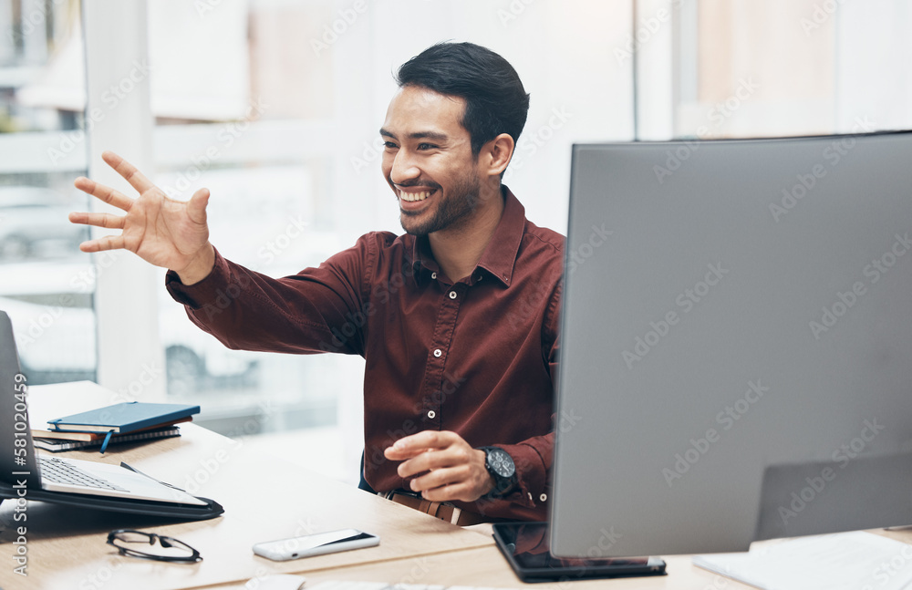 Poster invisible screen, hand and business man in office for hologram, virtual tech and ai interface. netwo