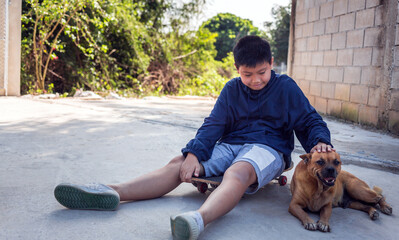 Smile Asian boy sitting on a skateboard. Outdoor portrait of lovely Asian kid boy model posing with brown dog