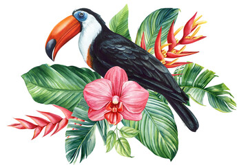 Beautiful tropical bird watercolor illustration hand drawing. Toucan, flowers and palm leaf in isolated white background © Hanna