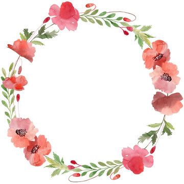 Floral illustration. Watercolor botanic wreath with poppies for wedding or greeting card ana other. Red flowers.
