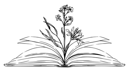 Open Book with Flowers Inside, Hand Drawn Sketch Illustration
