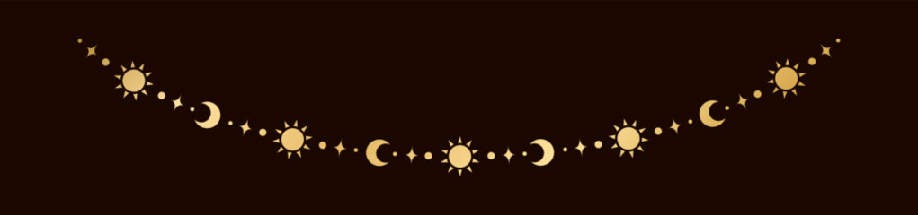 Gold mystic celestial hanging garland with sun, stars, moon phases, crescents. Ornate bohemian magical curtain decorative element