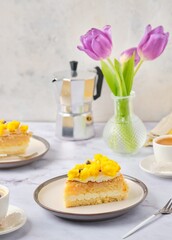 Sliced biscuit cake with cream cheese cream, lemon layer and yellow biscuit decor on a ceramic plate on a light background. Recipes for biscuit cakes.