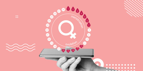 Menstrual cycle above smartphone screen in hand of woman on pink background. Contraception, pregnancy planning concept. Modern technologies for women's health. Minimalistic collage