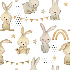 Obraz premium Watercolor cute seamless pattern with bunnies. Hand drawn illustration for fabric, wrapping paper, etc.