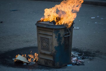 Burning trash can during protest. Riot in the city. Vandalism. Generative AI
