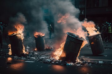Burning trash can during protest. Riot in the city. Vandalism. Generative AI