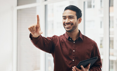 Virtual screen, tablet and happy man point at architecture engineering design, cyber UI schematic or blueprint digital transformation. Creative floor plan, IOT dashboard hud and architect remodeling
