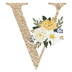 Floral alphabet, gold letter V with watercolor flowers and leaf