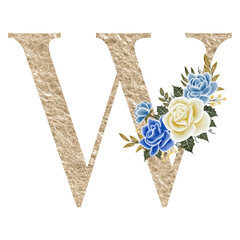 Floral alphabet, gold letter W with watercolor flowers and leaf