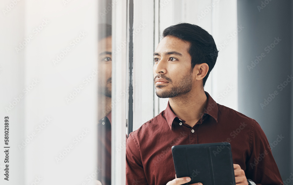 Aufkleber tablet, window and indian man thinking, concentration and planning digital business project idea. st