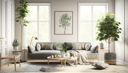 interior living room with large windows. Generative AI