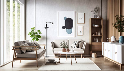 Japandi style interior, living room with large windows. Generative AI