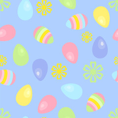 Easter seamless pattern. Blue background with colored eggs and flowers. Simple cartoon flat illustration.