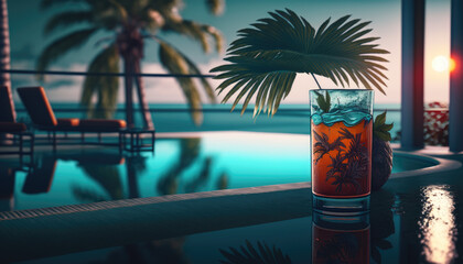 Cocktail on the edge of the pool overlooking the sea, holiday concept created with generative AI technology