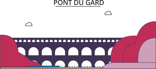 France, Pont Du Gard tourism landmarks, vector city travel illustration - obrazy, fototapety, plakaty